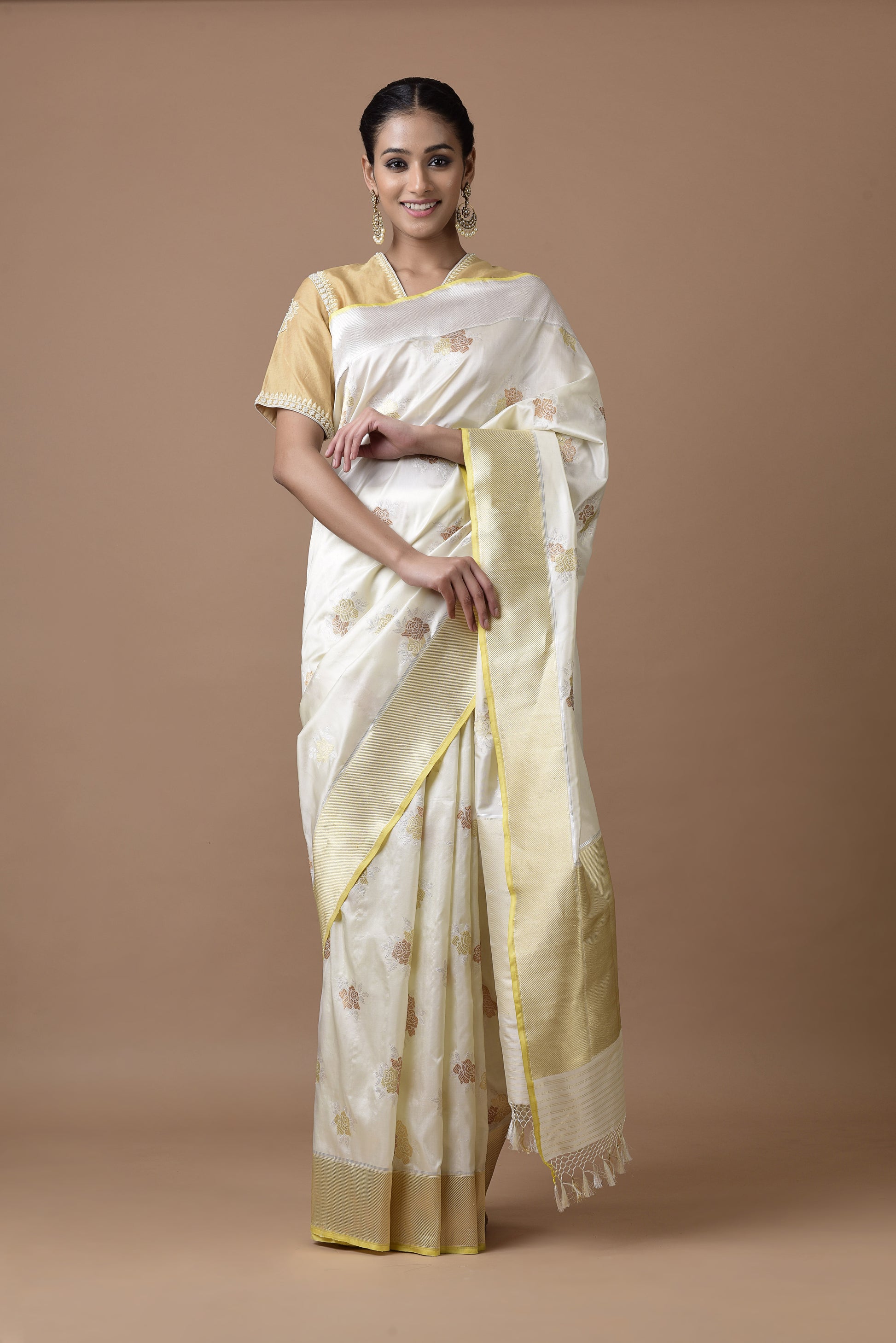 Banarasi Katan Silk Silver and Gold Cluster Roses Ivory Saree