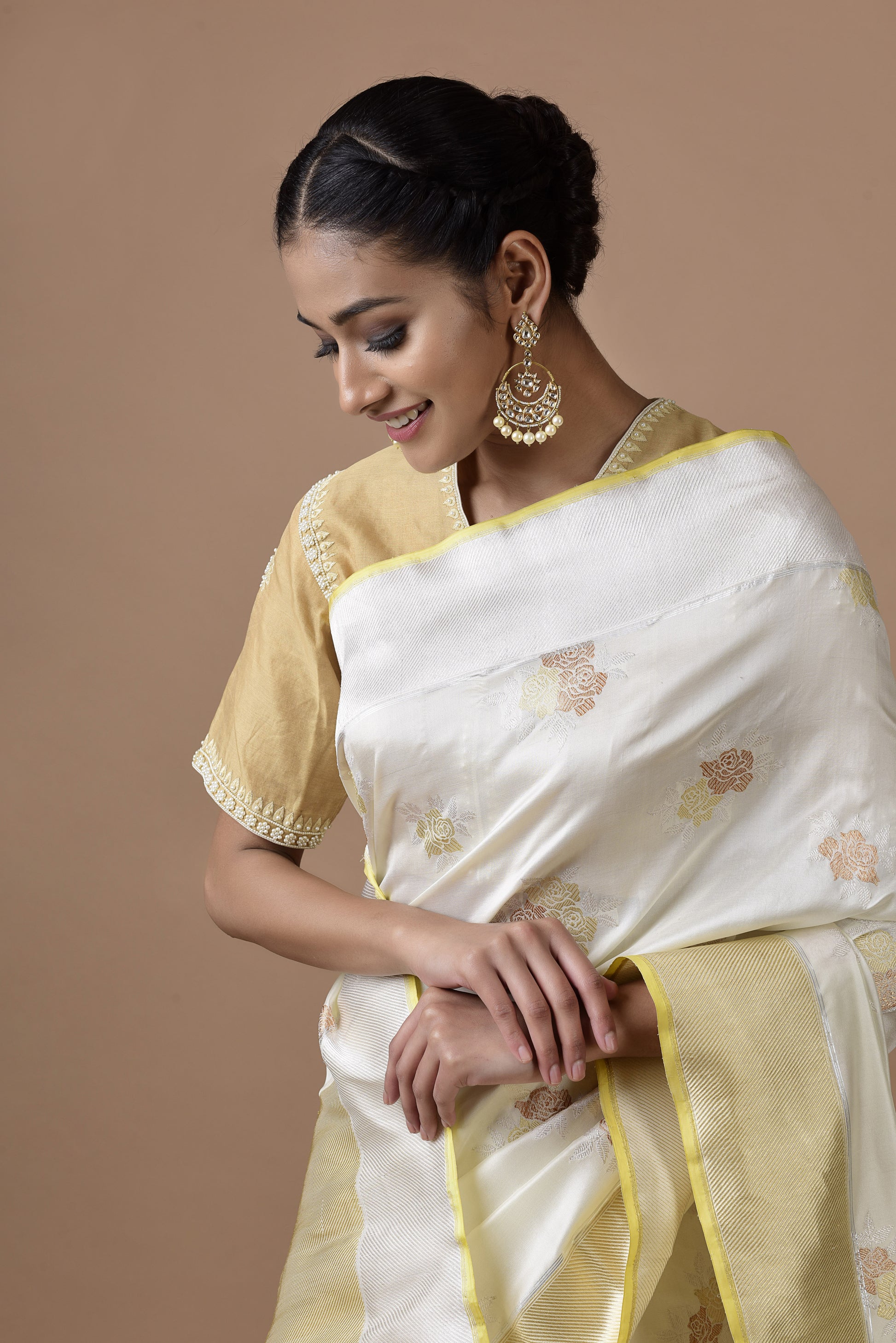 Banarasi Katan Silk Silver and Gold Cluster Roses Ivory Saree