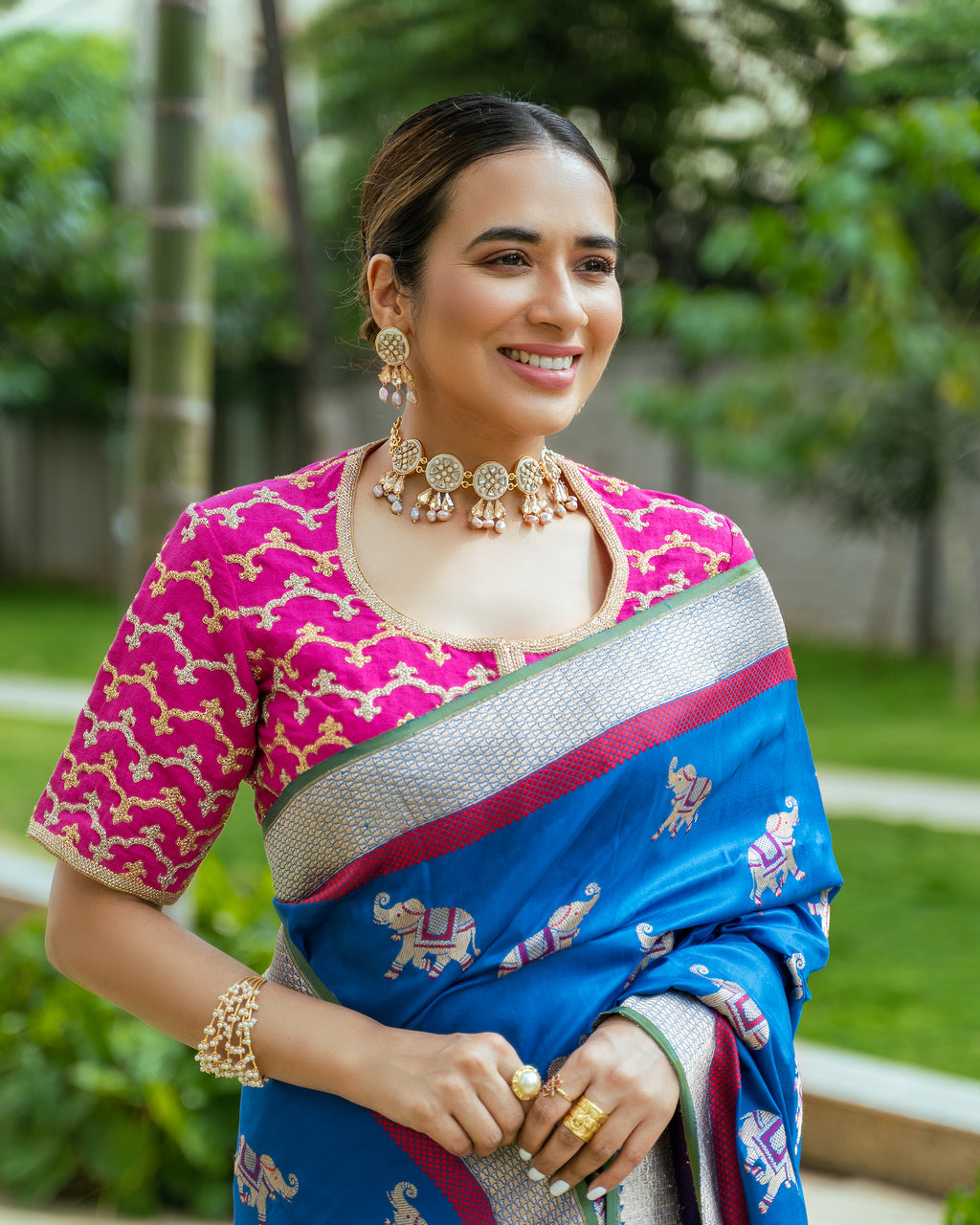 Dupion Silk Mughal Herringbone Fuchsia Blouse
