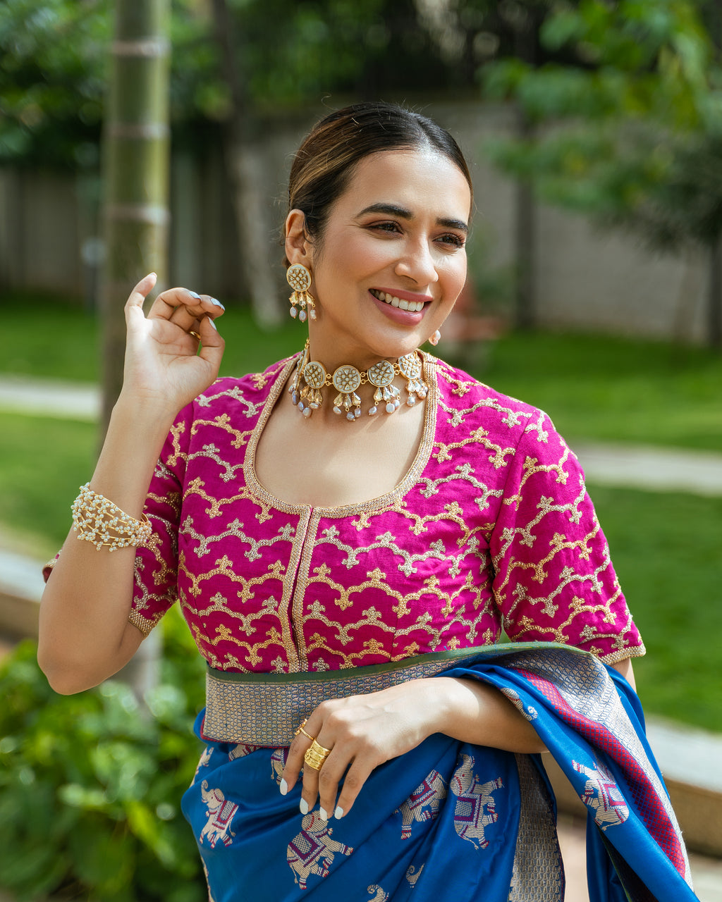 Dupion Silk Mughal Herringbone Fuchsia Blouse