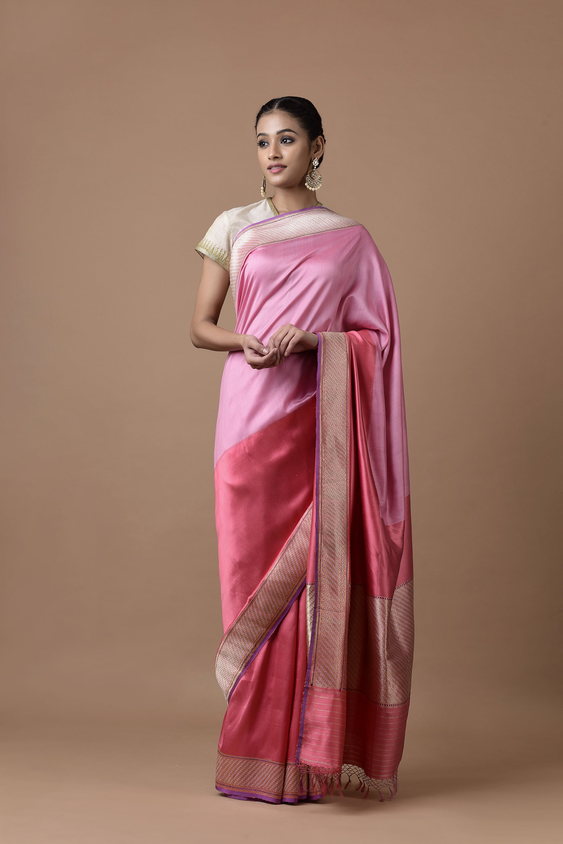 Banarasi Silk Half Plain and Half Twill Pink Saree