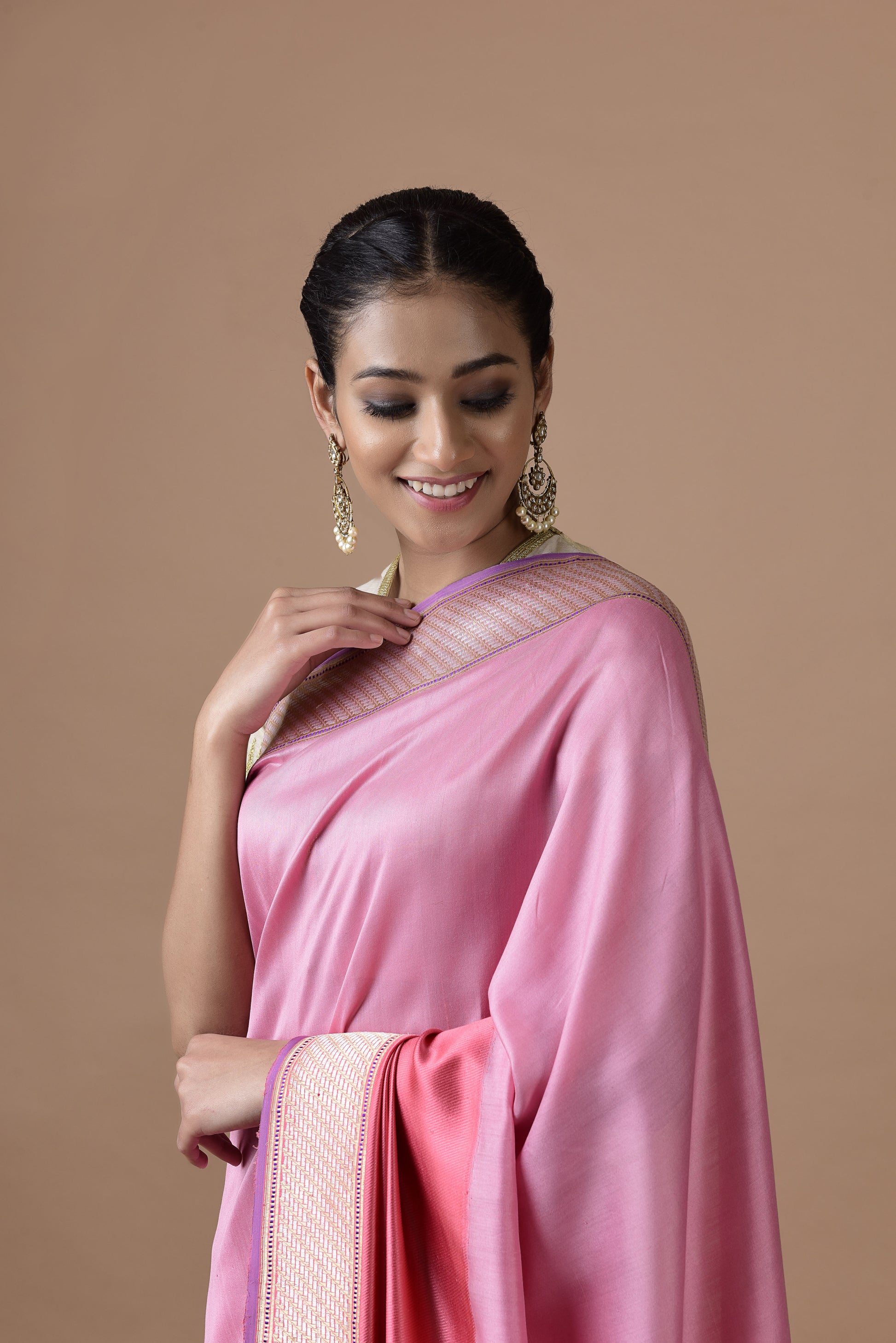 Banarasi Silk Half Plain and Half Twill Pink Saree
