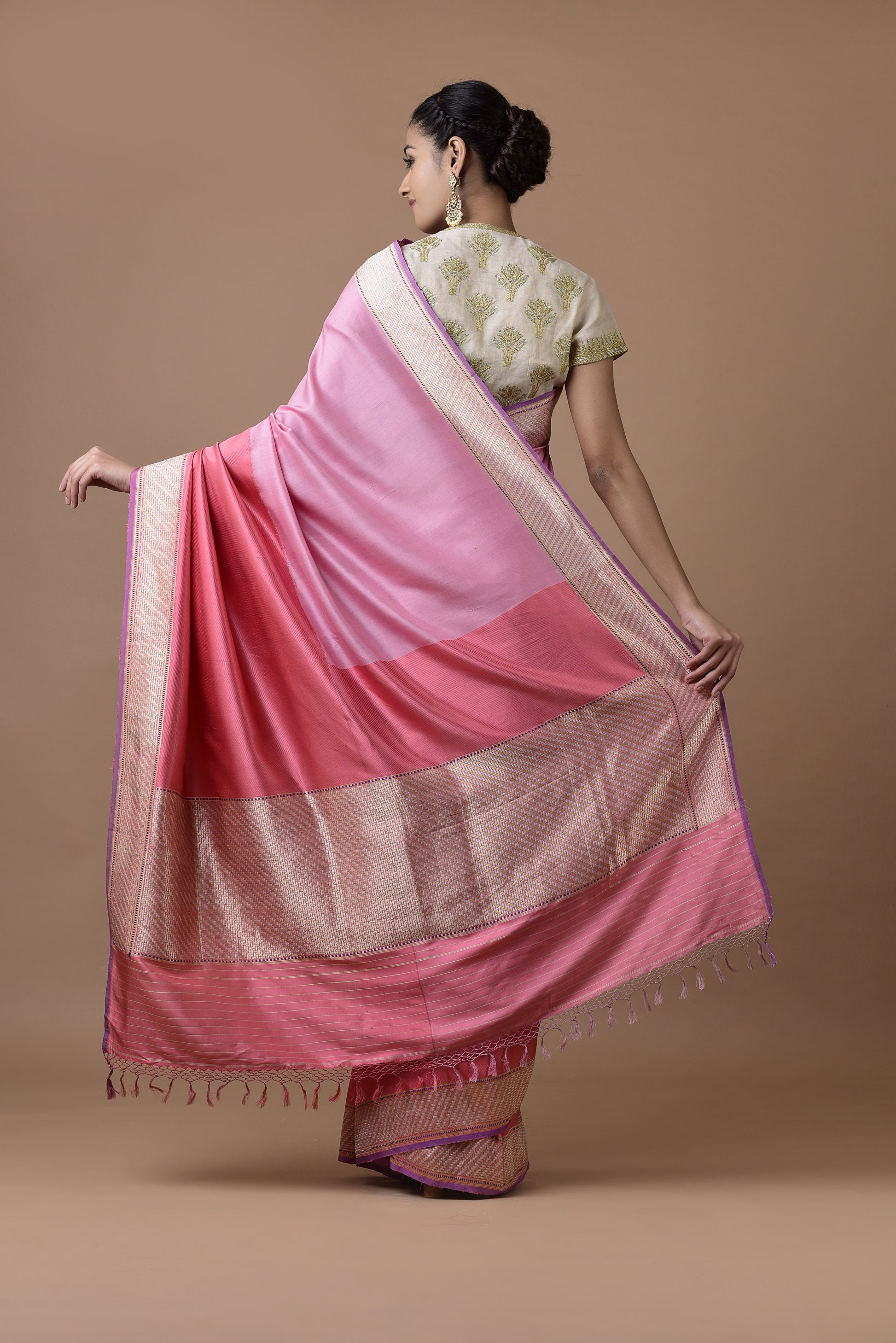 Banarasi Silk Half Plain and Half Twill Pink Saree