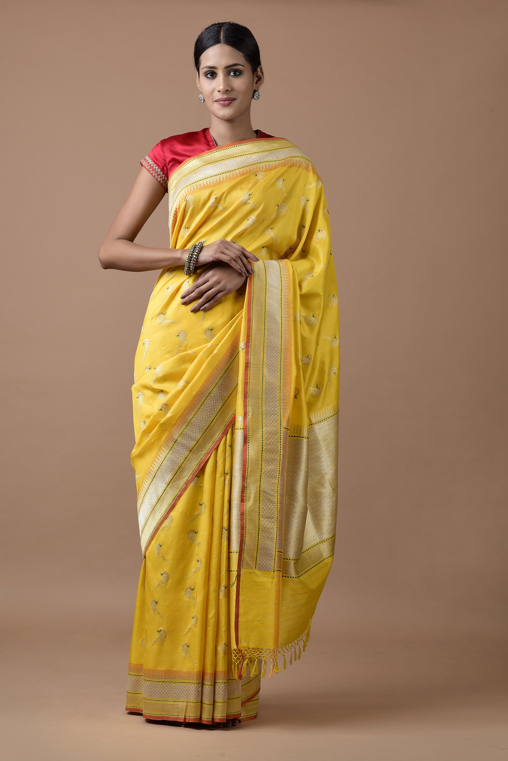 Banarasi Silk Big Parrot Jaal Yellow Saree