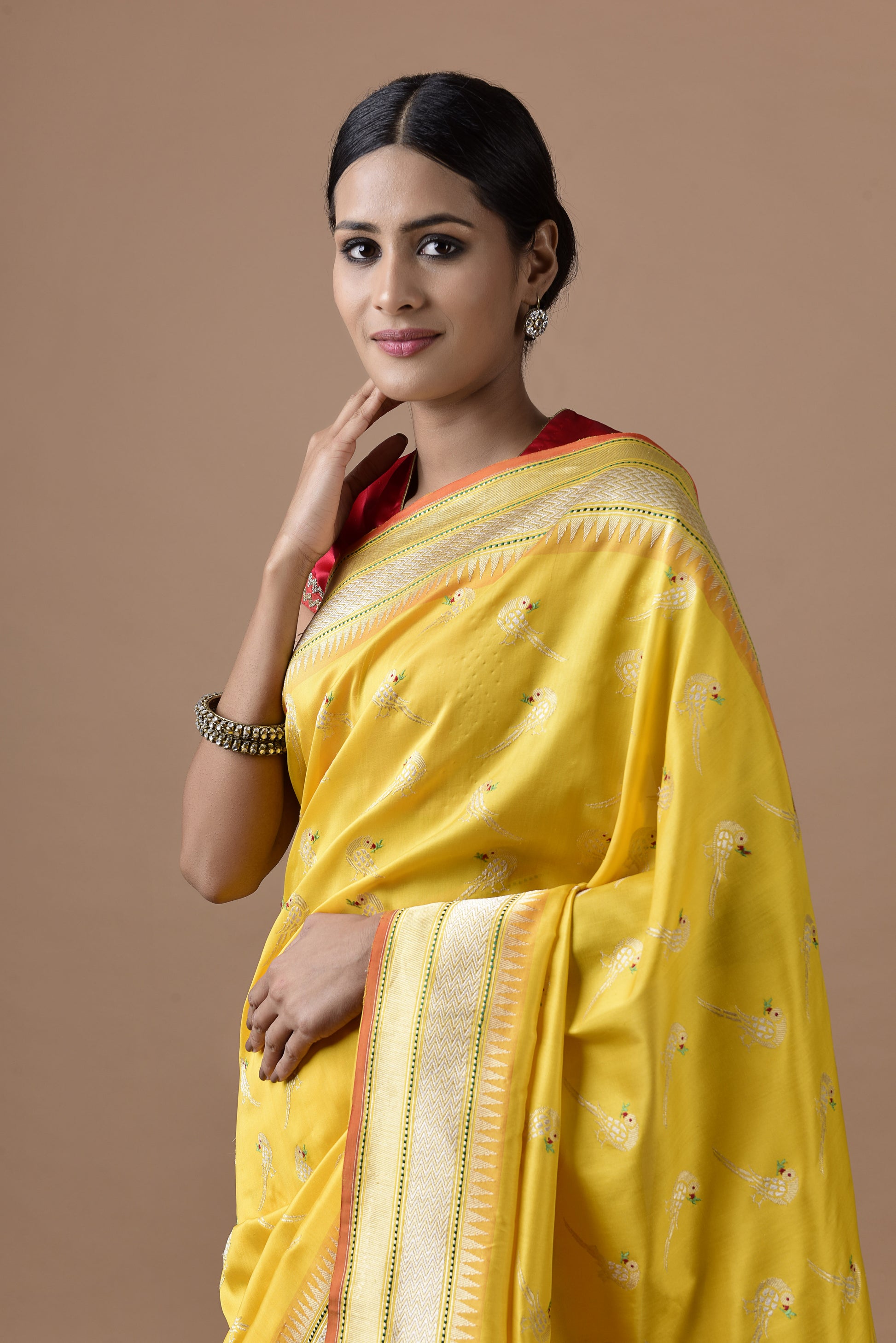Banarasi Silk Big Parrot Jaal Yellow Saree