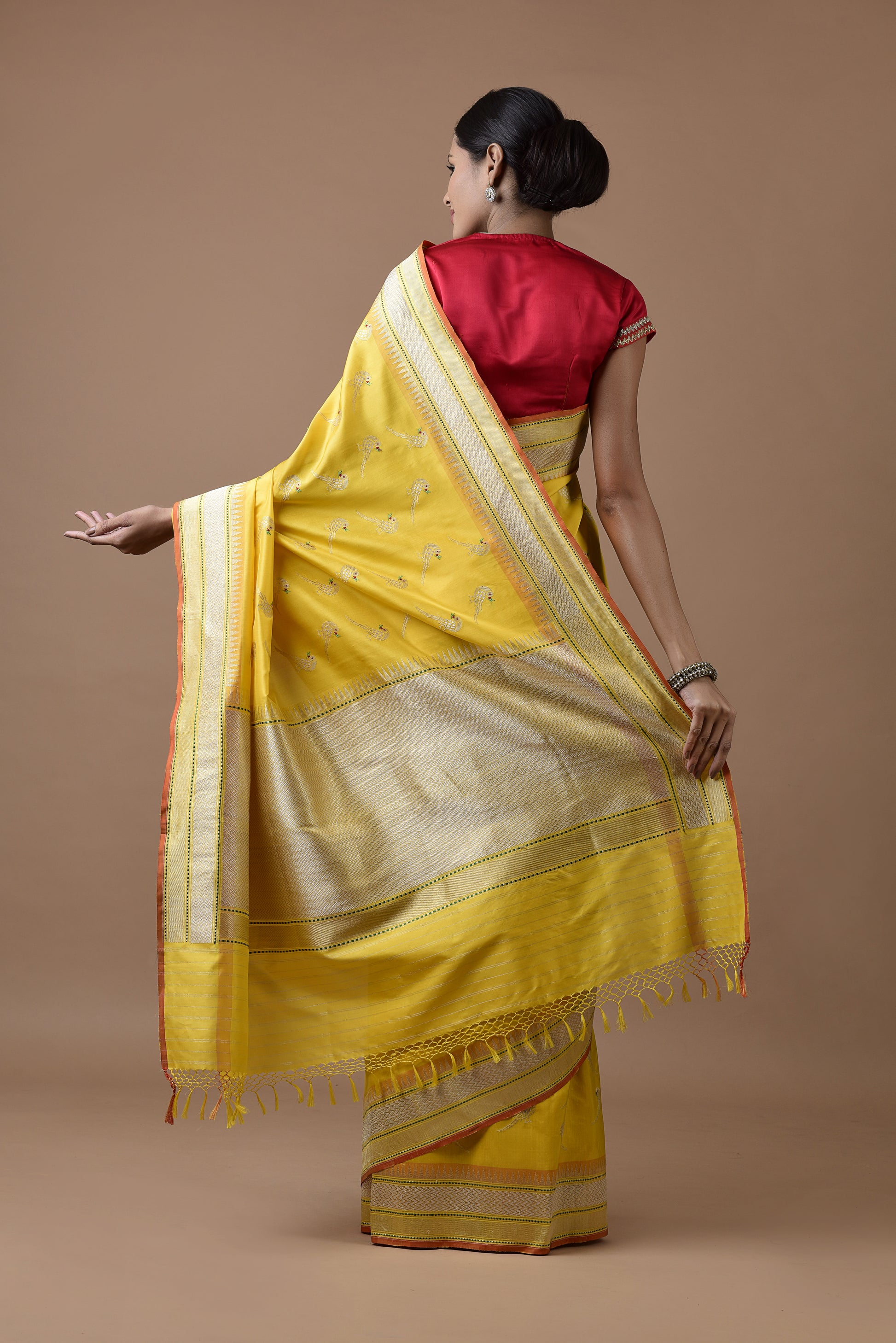Banarasi Silk Big Parrot Jaal Yellow Saree