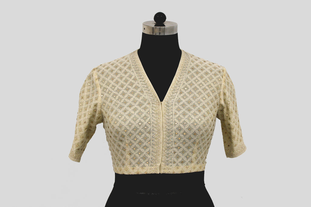 Tissue Chanderi Chikankari Geometric Jaal Emboirdery Off White Blouse