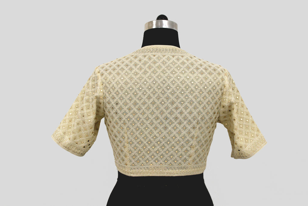 Tissue Chanderi Chikankari Geometric Jaal Emboirdery Off White Blouse