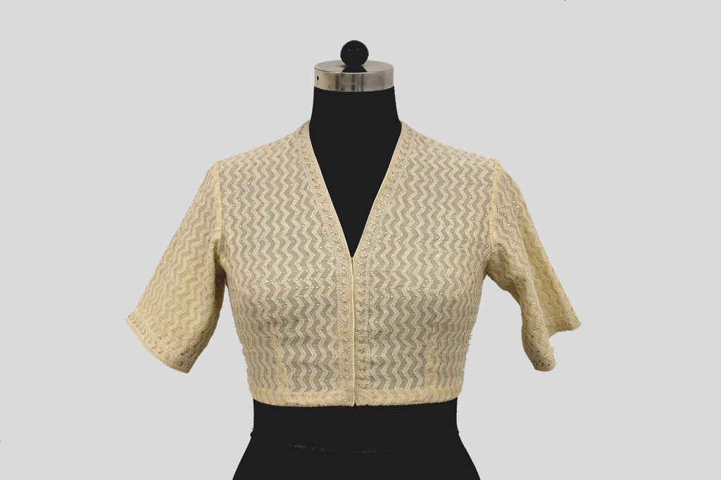 Tissue Chanderi Chikankari Zic Zac Off White Blouse