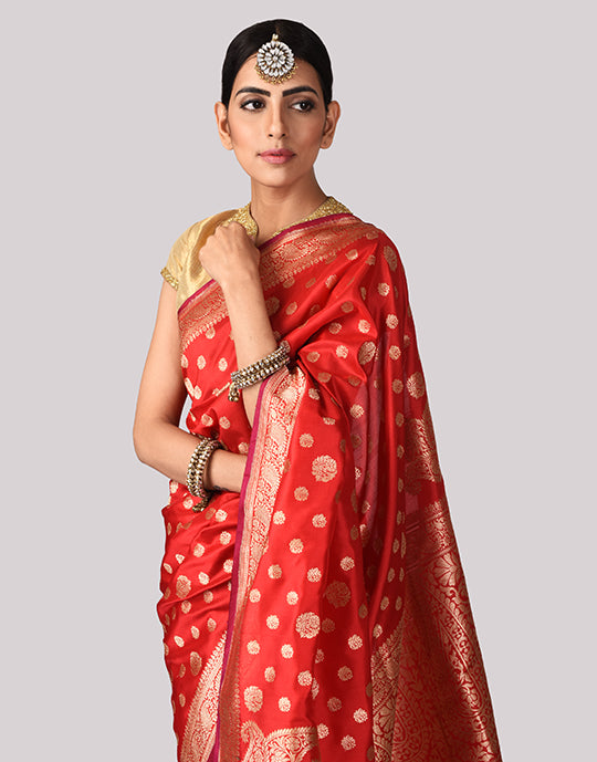 Banarasi Silk Antique Buti Red Saree