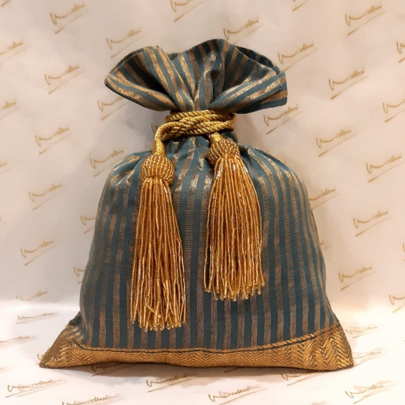 Dupion Silk Gold Zari Stripe Potli - Blue