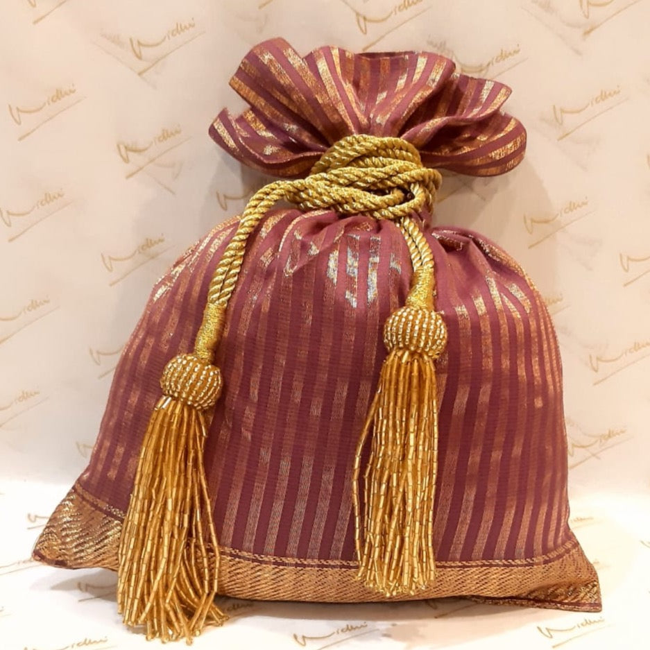 Dupion Silk Gold Zari Stripe Potli - Magenta