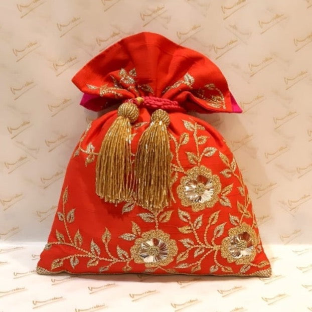 Dupion Silk Gulabdari Jaal Embroidery Potli - Red