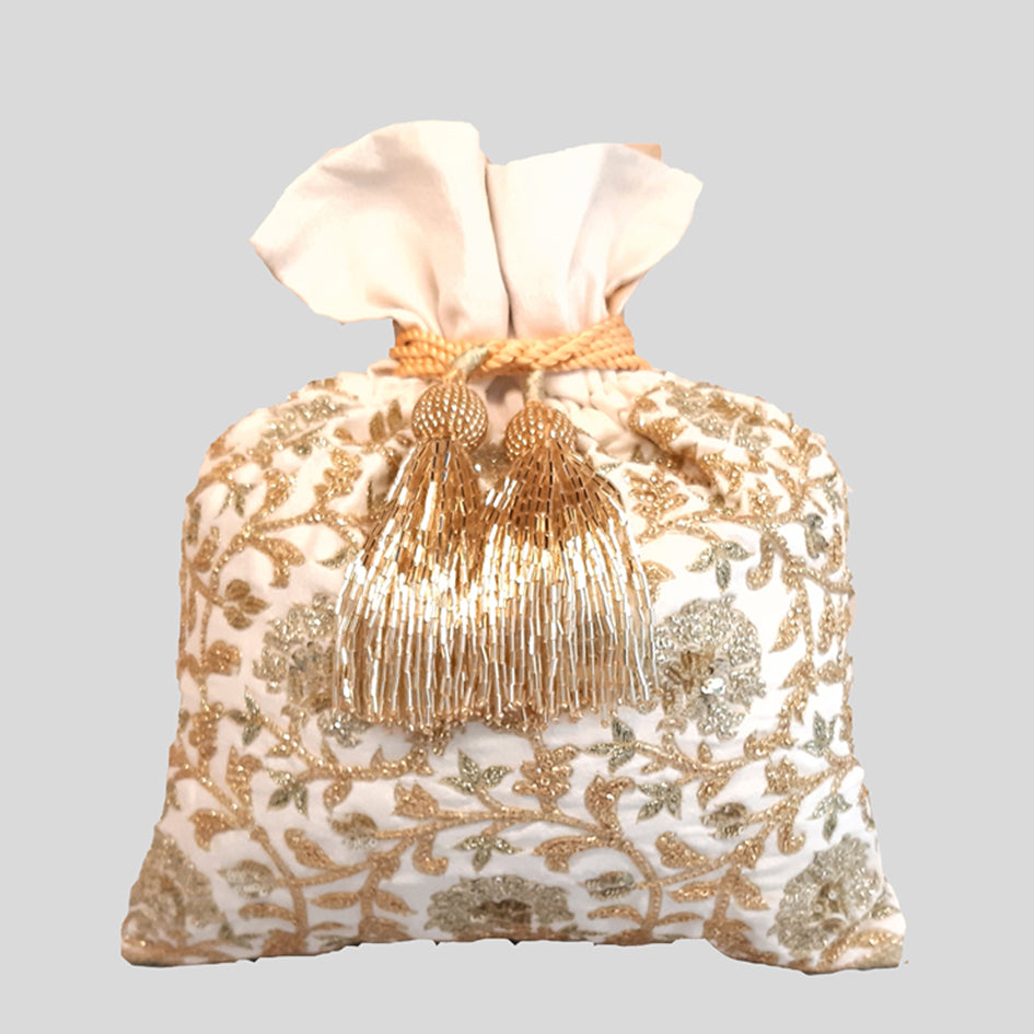 Dupion Silk Gulbahar Jaal Embroidery Potli - Cream