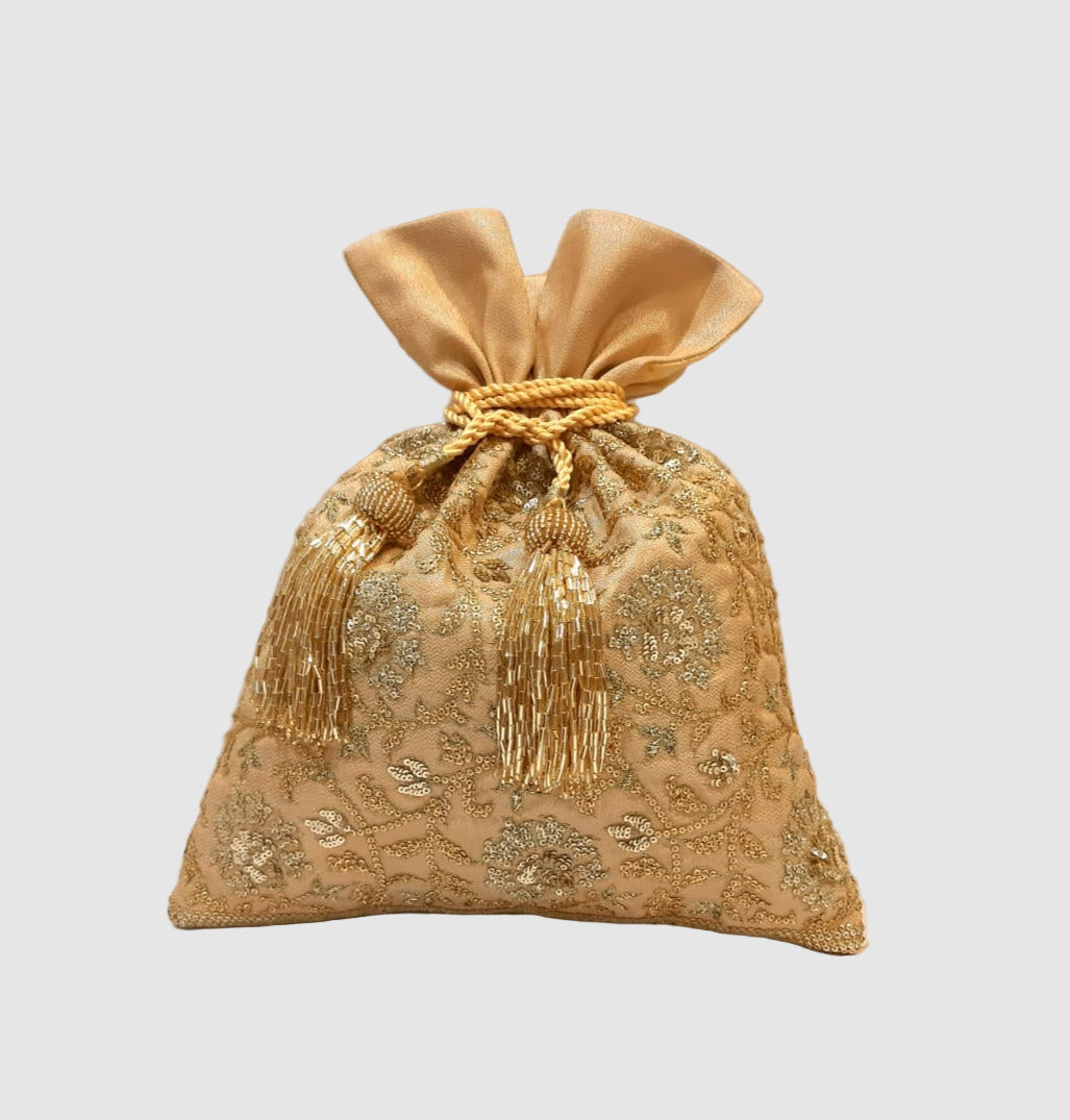 Brocade Gulbahar jaal Embroidery Potli - Gold
