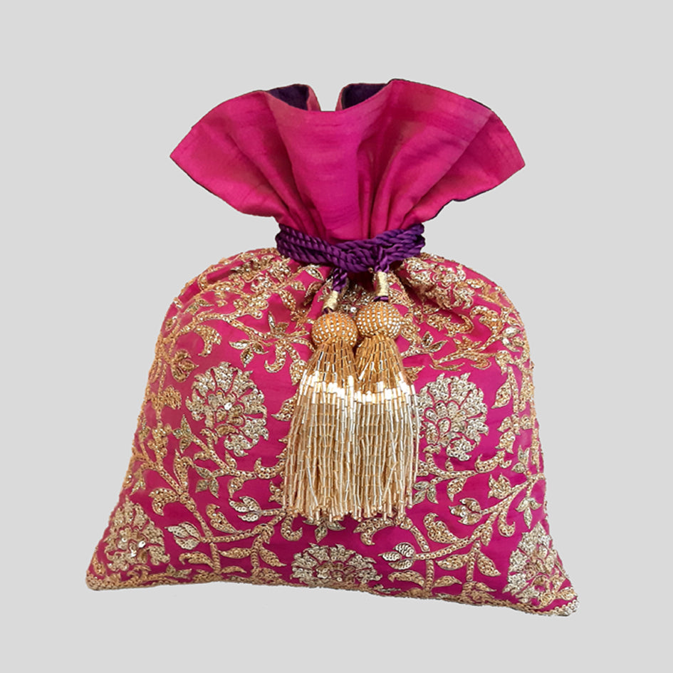 Dupion Silk Gulbahar Jaal Embroidery Potli - Magenta
