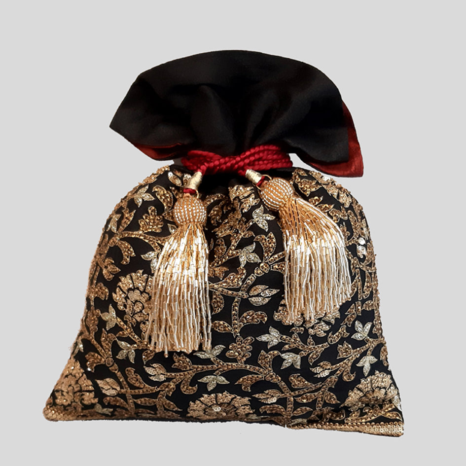 Dupion Silk Gulbahar Jaal Embroidery Potli - Black