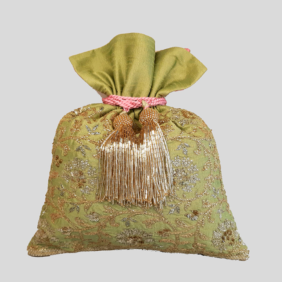 Dupion Silk Gulbahar Jaal Embroidery Potli - Green