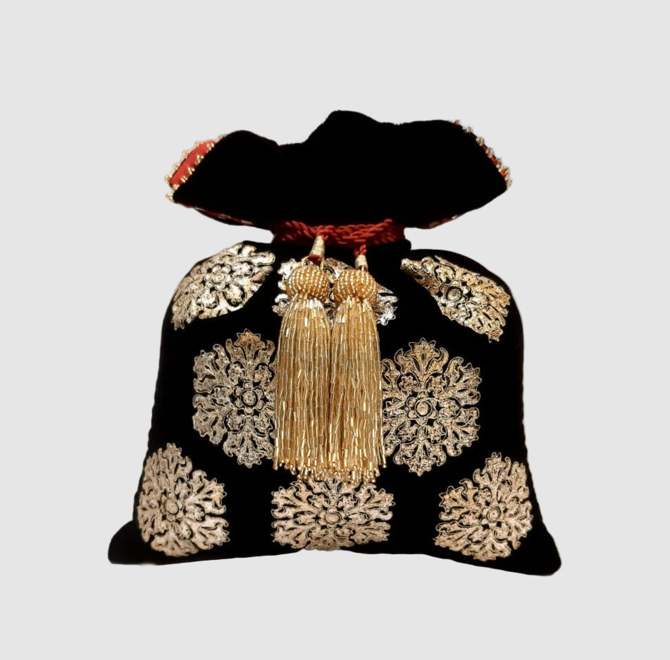 Velvet Potli With Dori Embroidery Foil Print Hexagon Buta Potli - Black