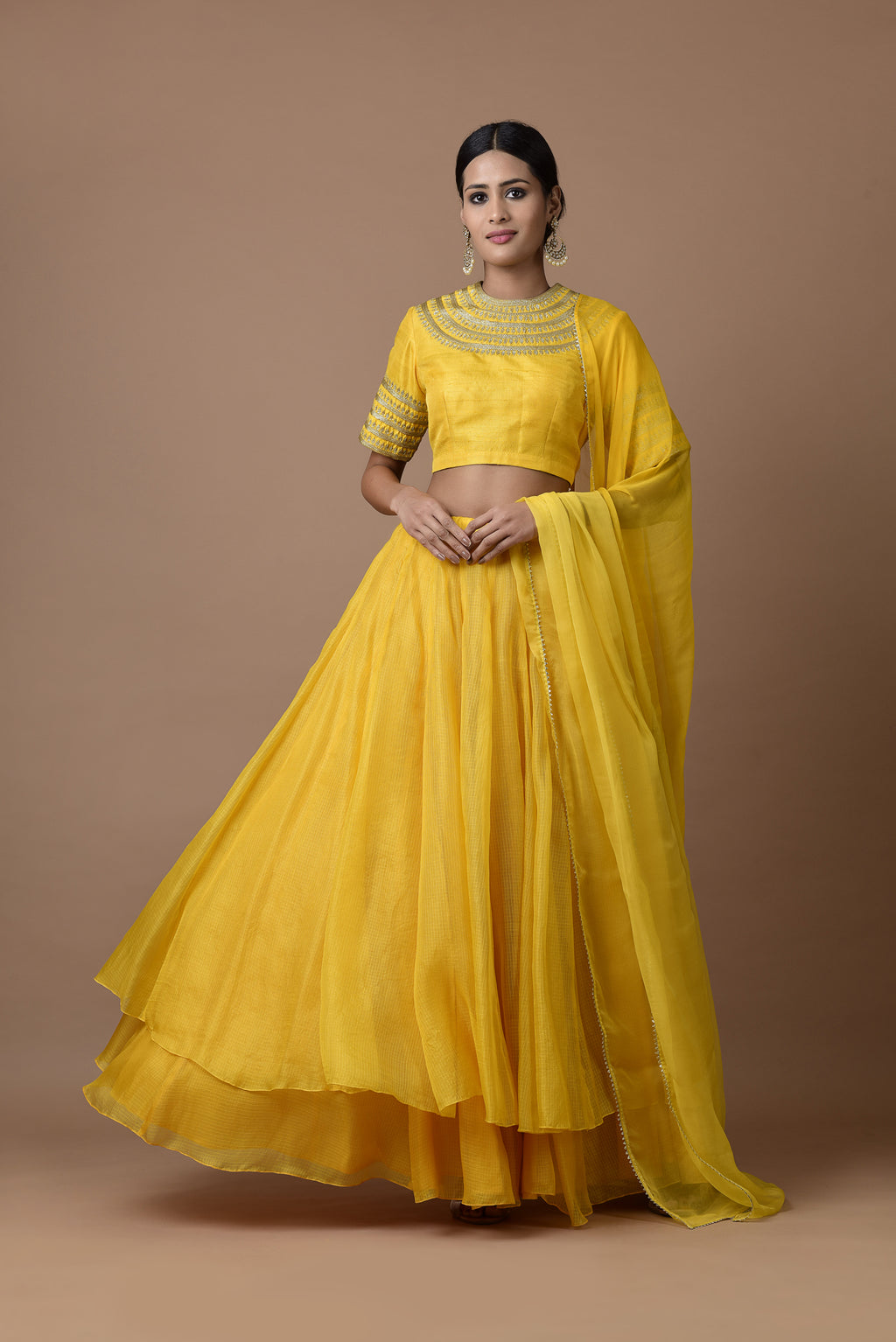 Kota Silk Double Layered Skirt With Kangoora Bandgala Design Blouse Yellow
