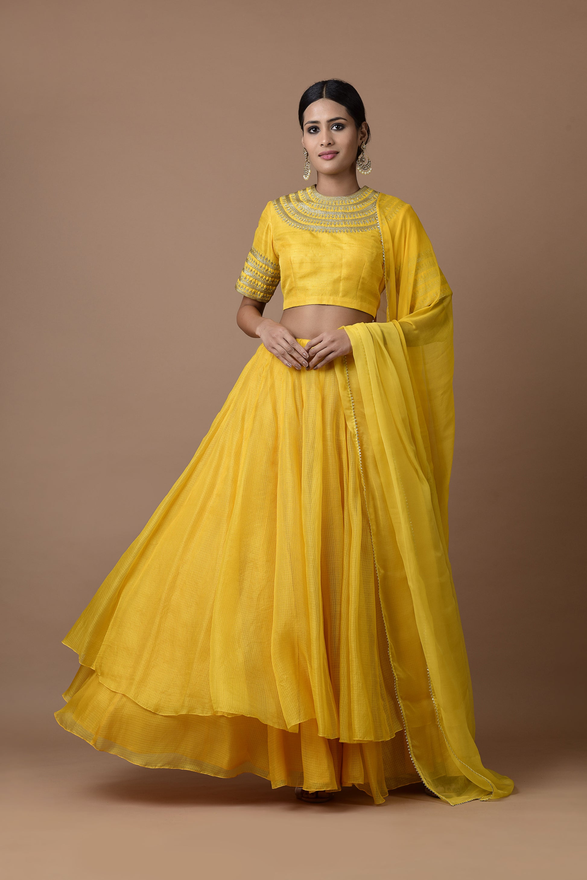 Kota Silk Double Layered Skirt With Kangoora Bandgala Design Blouse Yellow