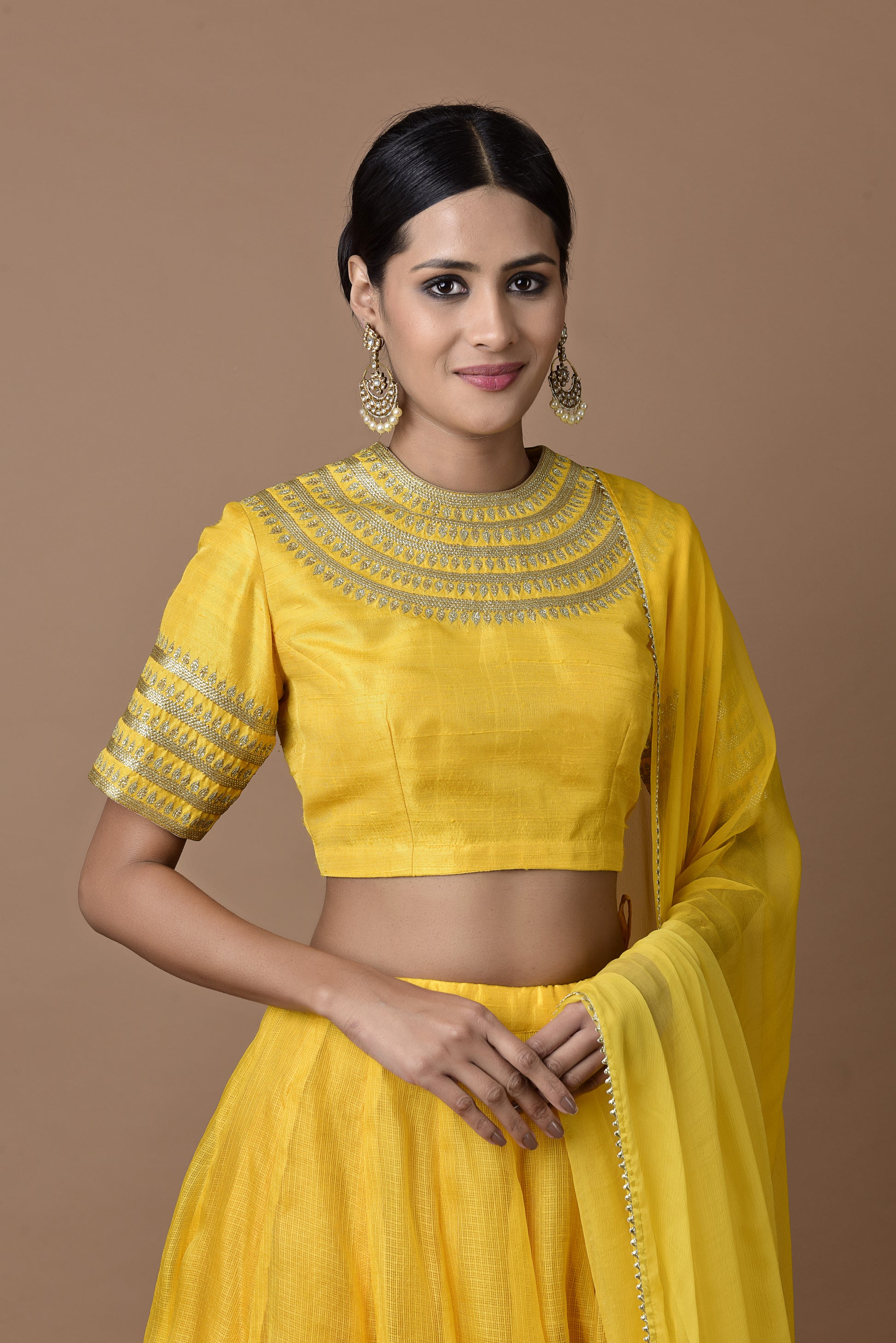 Kota Silk Double Layered Skirt With Kangoora Bandgala Design Blouse Yellow