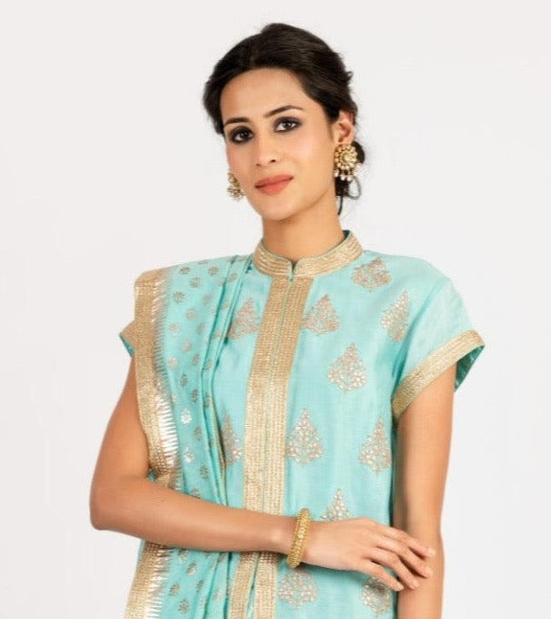 Woven Chanderi Gota Patti Embroidery Tunic With Skirt and Foil Print Dupatta