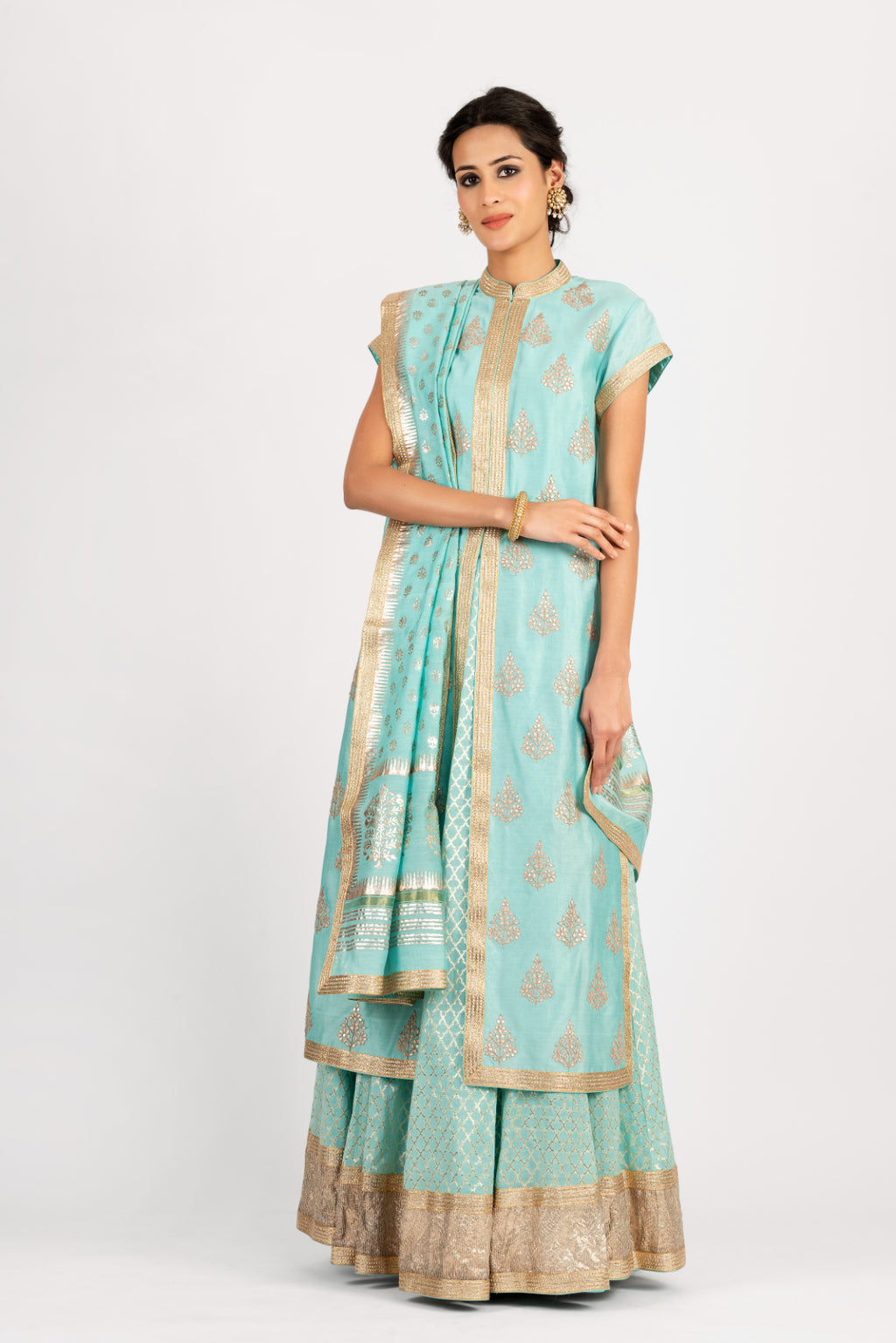 Woven Chanderi Gota Patti Embroidery Tunic With Skirt and Foil Print Dupatta