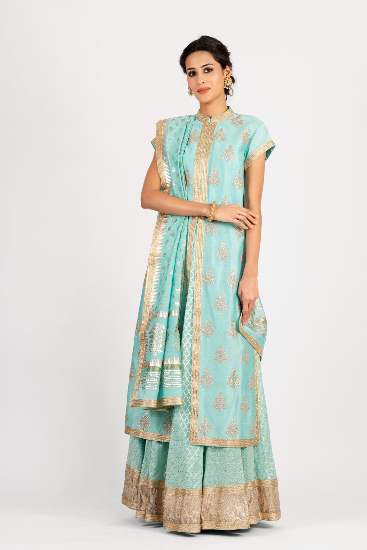 Woven Chanderi Gota Patti Embroidery Tunic With Skirt and Foil Print Dupatta
