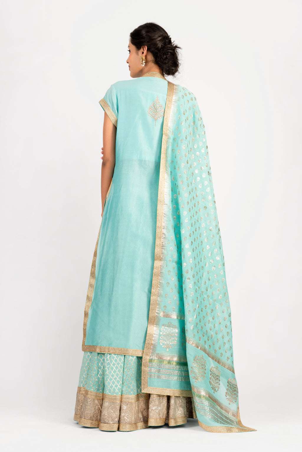 Woven Chanderi Gota Patti Embroidery Tunic With Skirt and Foil Print Dupatta