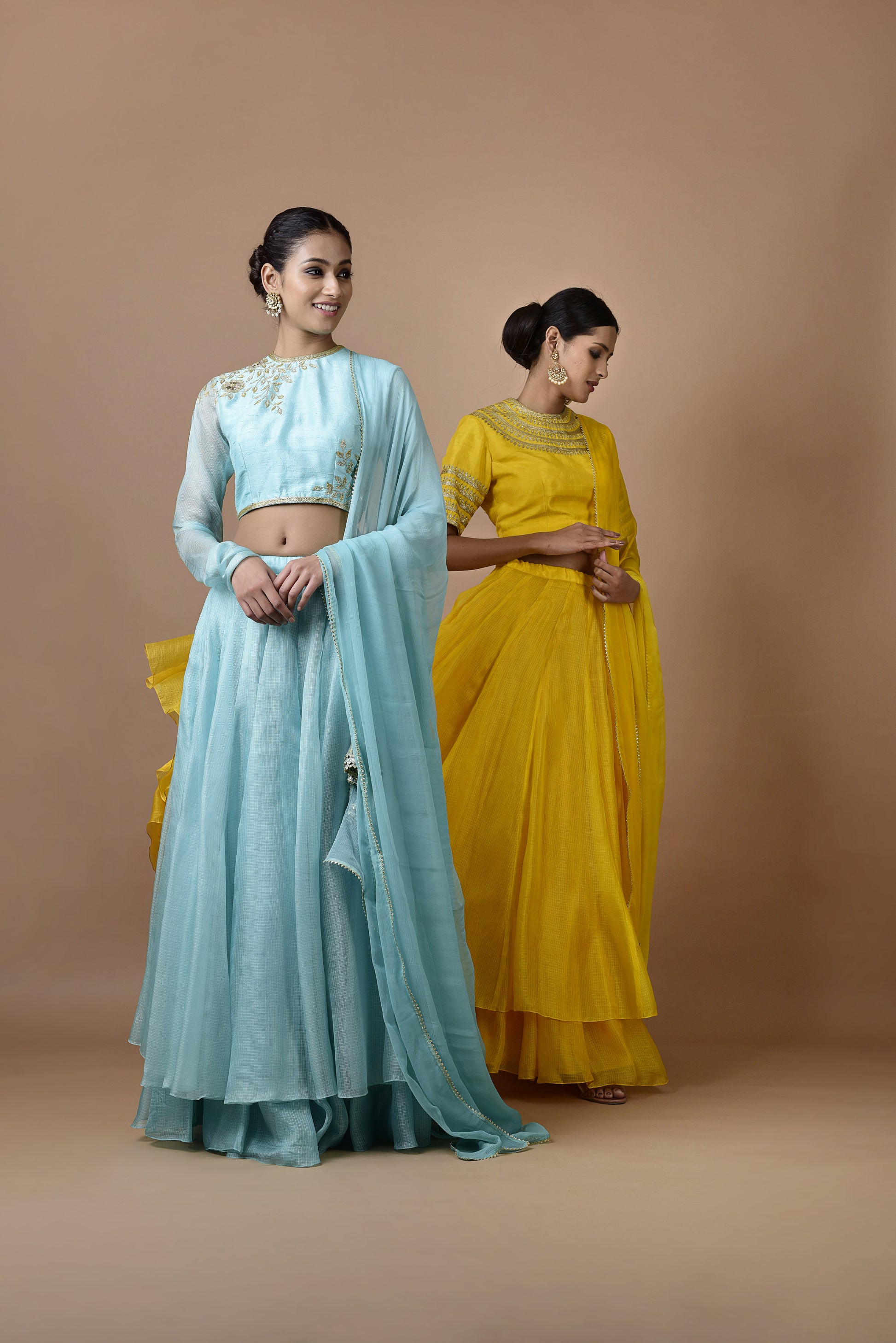 Kota Silk Double Layered Skirt With Kangoora Bandgala Design Blouse Yellow
