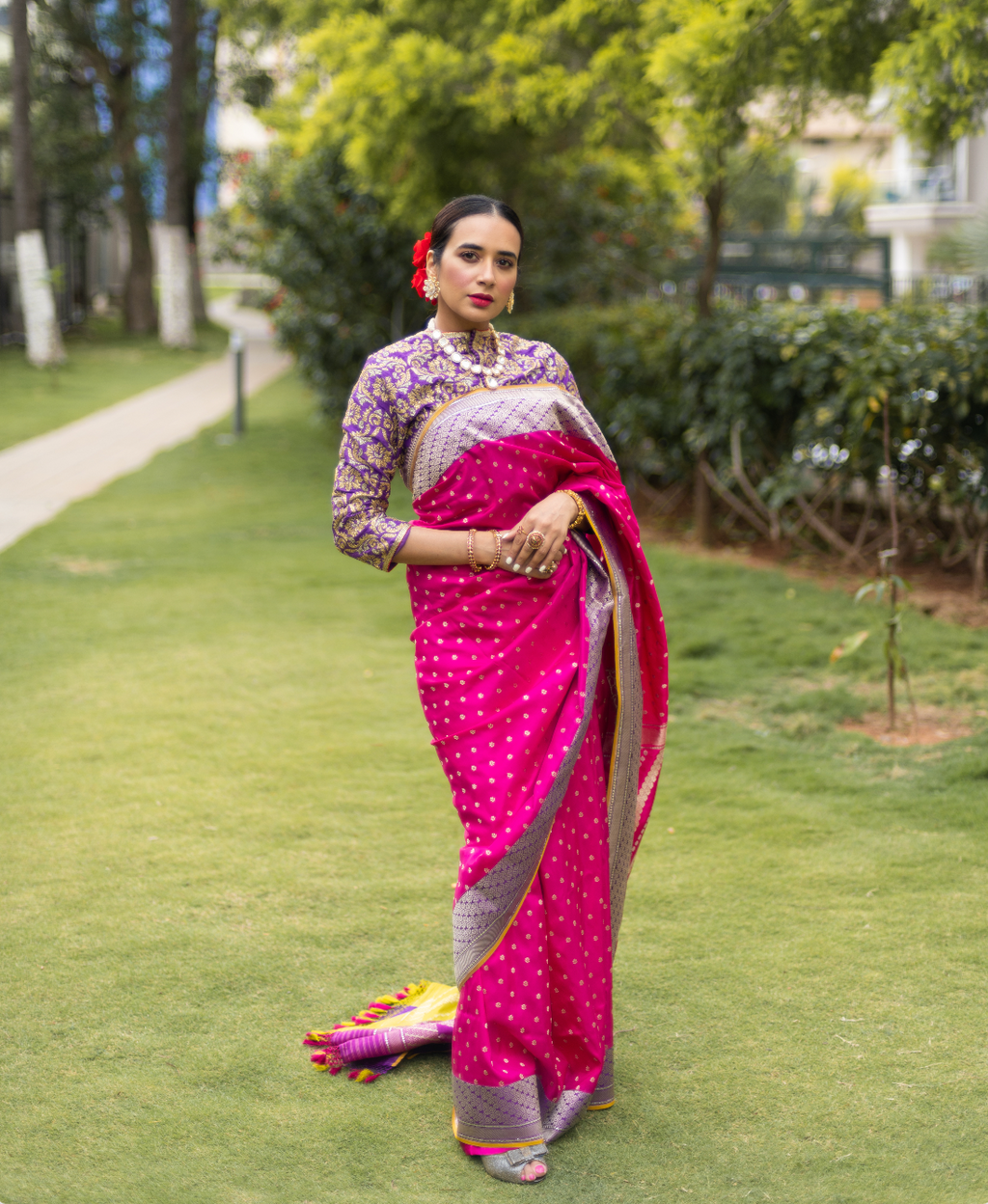 Banarasi Silk Chaar Rang (4-colour) Palla with Zari Buti Saree