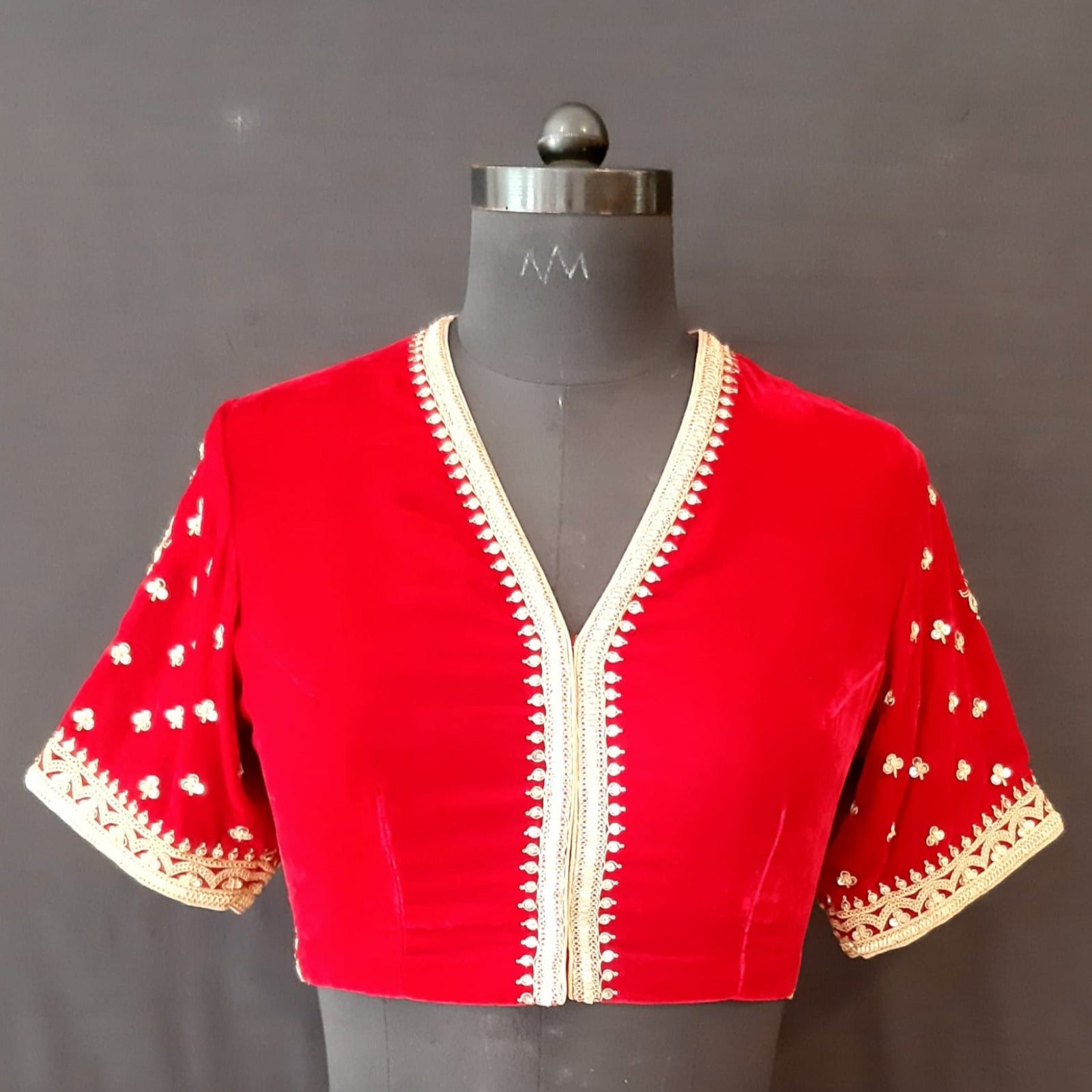 Velvet Dori Embroidery Flower Design Red Blouse